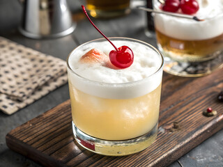 Refreshing Whiskey Sour Cocktail with Foam and a Cherry