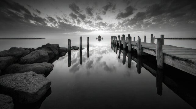 Black and white tranquil pier at dawn. Calm water reflects the sky - Powered by Adobe