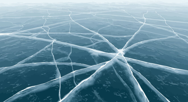 Blue cracked ice surface extends to the horizon under a light sky