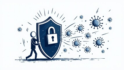 Protection concept: Person with shield and padlock defending against virus threats.
