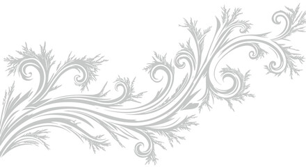 Elegant silver frost pattern with swirling detailed designs against a stark white backdrop