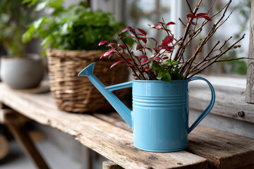 A vibrant blue watering can filled with assorted plants sits elegantly on a wooden shelf, showcasing a charming and rustic indoor garden aesthetic with natural light.