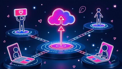 Digital social network connection with cloud computing and data transfer concept.
