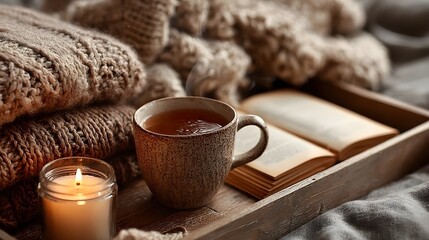 Cozy tea and book with candle