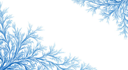 Frosty blue foliage adorns corners on a white canvas evoking winters chill