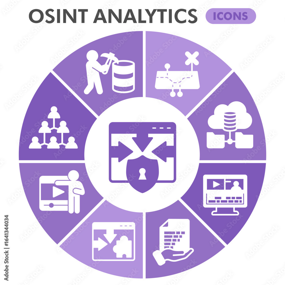 Poster osint analytics symbols collection or sketches, open source data theme bubble with glyph style signs
