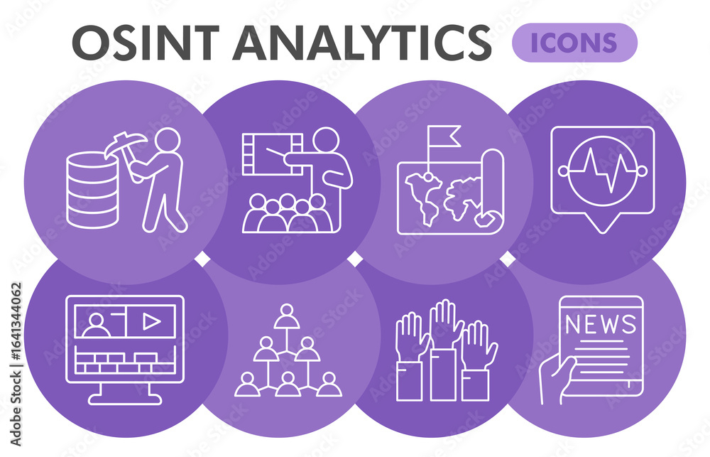 Poster osint analytics symbols collection or sketches, open source data theme bubble with thin line style s