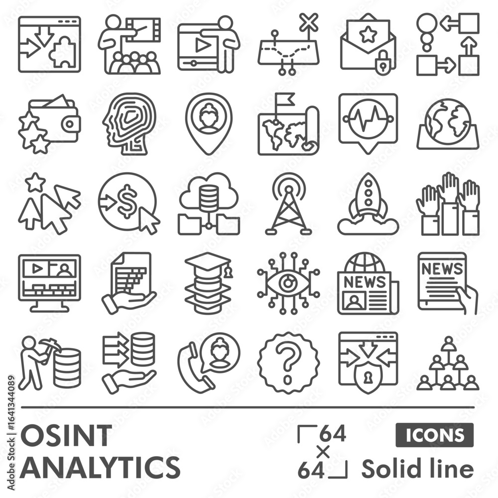 Poster osint analytics symbols collection or sketches, open source data theme with line style signs for web