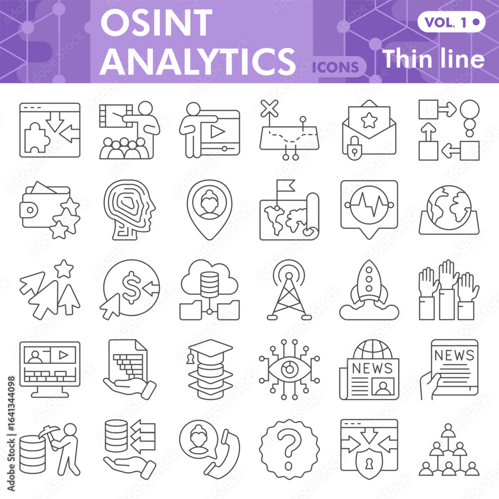 Poster osint analytics symbols collection or sketches, open source data theme with thin line style signs fo