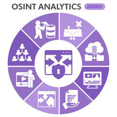 Osint analytics symbols collection or sketches, open source data theme bubble with glyph style signs for web and app. Vector graphics isolated on white background.