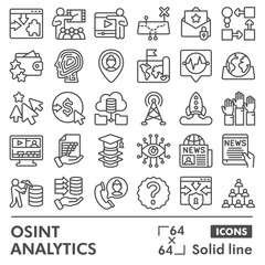 Osint analytics symbols collection or sketches, open source data theme with line style signs for web and app. Vector graphics isolated on white background.