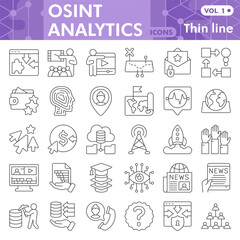 Osint analytics symbols collection or sketches, open source data theme with thin line style signs for web and app. Vector graphics isolated on white background.