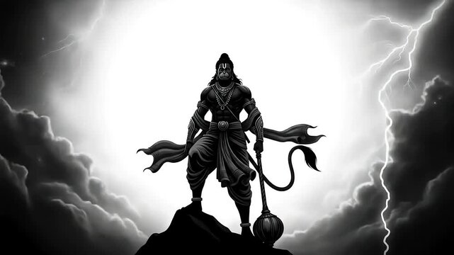 A powerful mythological simian deity standing strong on a mountain peak, silhouetted against a brilliant light during a fierce electrical storm.