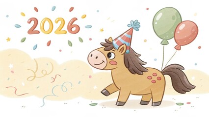 Naklejka premium Cute cartoon horse celebrating the New Year 2026, the Year of the Horse, with a party hat and balloons.