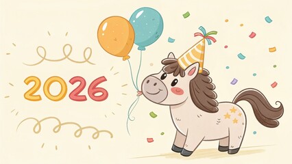 Naklejka premium Cute hand-drawn illustration of a pony celebrating the New Year 2026, the Year of the Horse.