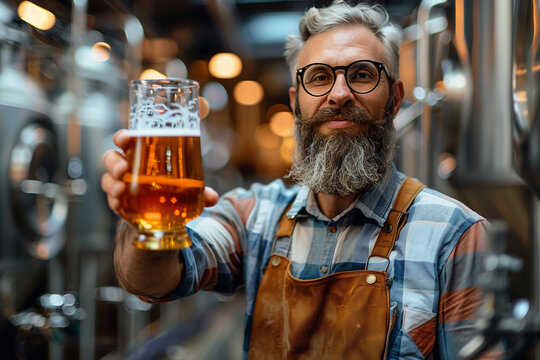 Smiling brewer pouring freshly brewed beer from tap in modern craft brewery