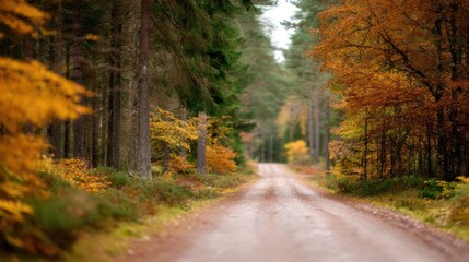 Fototapeta premium A narrow dirt path winds through a vibrant autumn forest, flanked by tall trees with golden, orange,