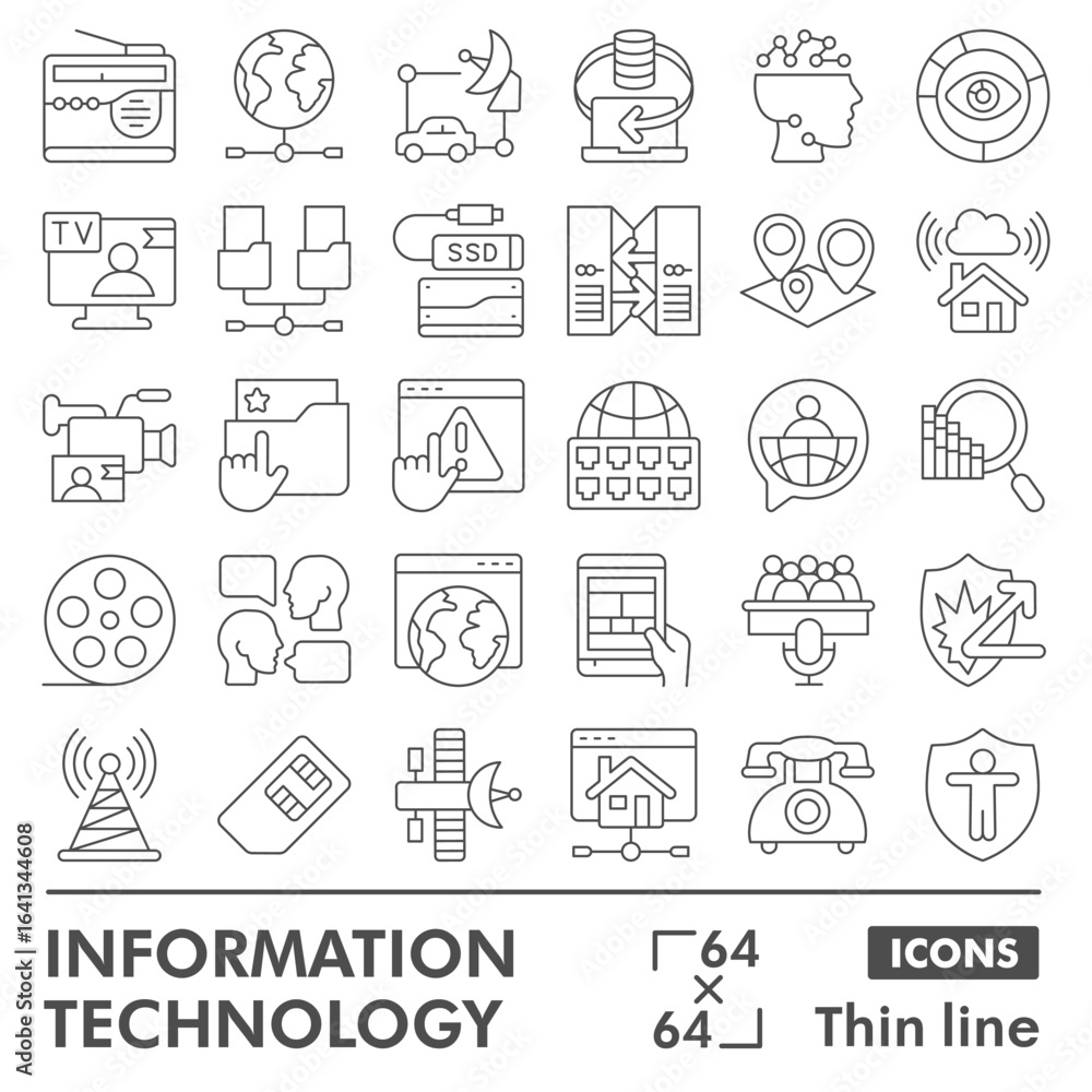 Poster info tech symbols collection or sketches, technology data theme with thin line style signs for web a