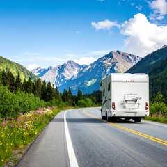 Scenic highway with campervan and mountains