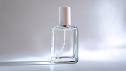 Clear rectangular perfume bottle with white cap on a light gray surface