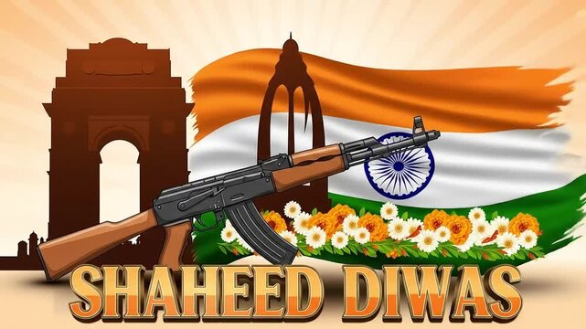 A patriotic illustration commemorating Shaheed Diwas, India's Martyrs' Day. This tribute design features the national flag, a rifle, and floral homage at national monuments.