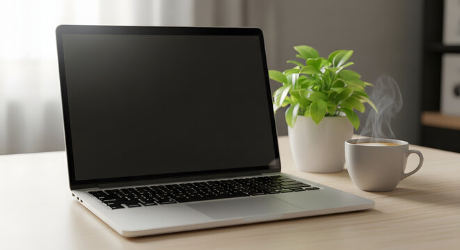 A laptop with a blank screen sits on a desk beside a steaming hot coffee mug and a green potted plant.