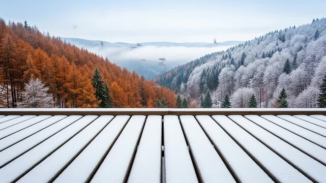 A breathtaking view from a snowy wooden terrace overlooking a valley, showcasing the stark contrast and transition from a warm autumn forest to a frozen winter wonderland.