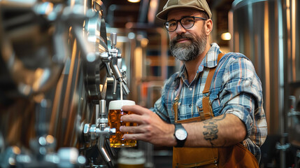 Smiling brewer pouring freshly brewed beer from tap in modern craft brewery
