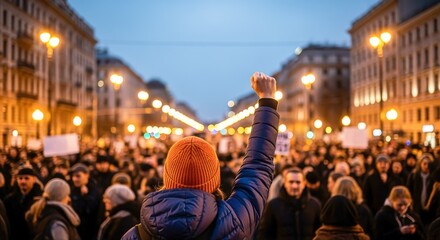 Protest Crowd Raising Fist in Defiance at Dusk, Demonstrating Solidarity for Social Change and Justice