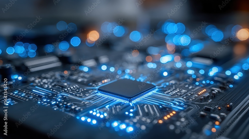Poster advanced microchip processor on motherboard close-up, illuminating the intricate circuitry with blue