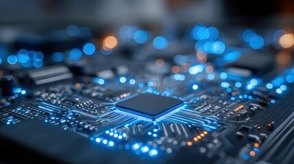 Advanced Microchip Processor on Motherboard Close-up, Illuminating the Intricate Circuitry with Blue Light Emphasizing Modern Technology