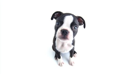 Fototapeta premium A small black puppy with white markings sits attentively on a plain white surface, featuring expressive blue eyes,