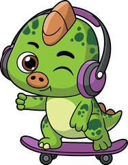 Cartoon dinosaur character, green with darker green spots, light green belly, brown crest, wearing purple headphones, riding purple skateboard with black wheels, giving thumbs-up, winking expression