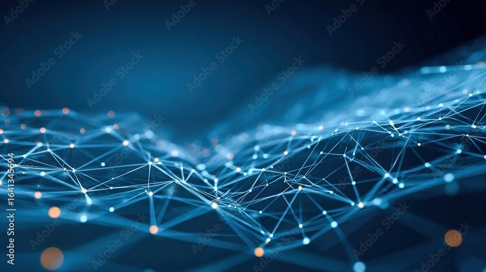 Poster abstract network connection structure with glowing nodes, representing data flow, technology, and di