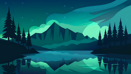 Vector illustration art of the northern lights reflecting in a still mountain lake, silhouette pine trees in foreground