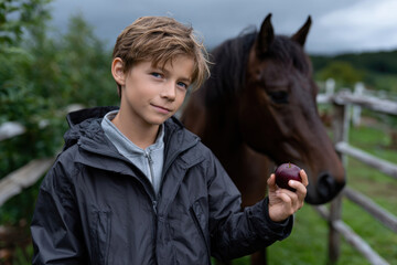 A young boy confidently holds an apple beside a beautiful horse, capturing a moment of connection between nature, animals, and childhood curiosity in a lush farm setting.