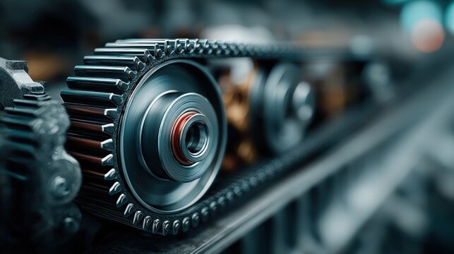 Close-up of intricate gears and belts in a machine