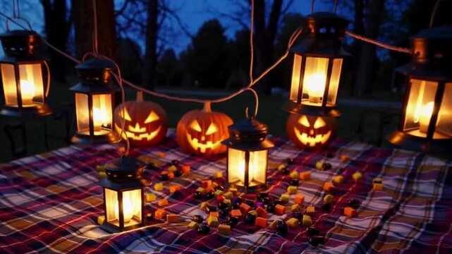 Whimsical Halloween outdoor table with spooky snacks and glowing candles in forest glade
