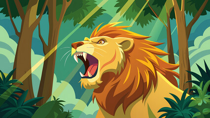 lion in the grass, Vector illustration of a powerful lion roaring with sunbeams breaking through dense rainforest trees