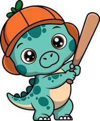 Cartoon dinosaur swinging, teal body, green spots, orange pumpkin cap, baseball bat, expressive eyes, sporty pose, kids illustration, fun character, playful design