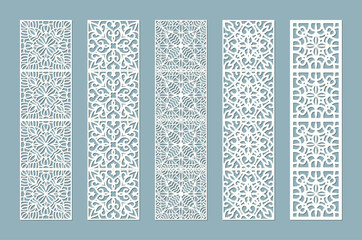 Set of five decorative laser cut panel templates with intricate arabesque pattern design vector
