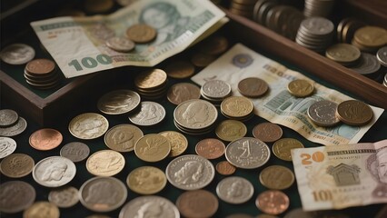 Assorted Coins and Banknotes Displayed in a Wooden Tray