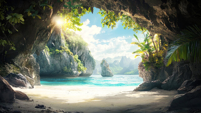 A serene beach scene with a cave entrance, lush greenery, and a clear blue sky with scattered clouds. - Powered by Adobe