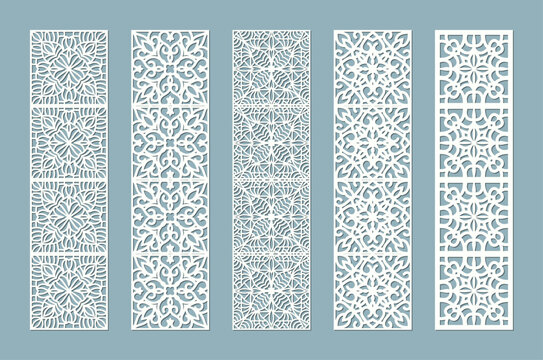 Set of five decorative laser cut panel templates with intricate arabesque pattern design vector