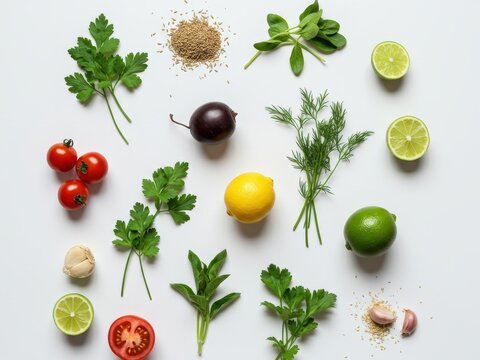 A flat lay of fresh produce and spices on a white background, including tomatoes, lemons, limes, various herbs, garlic, and cumin seeds.