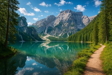Scenic Mountain Lake Landscape with Reflection and Hiking Trail on a Sunny Day