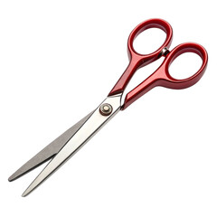Fototapeta premium Shiny red handled barber scissors with silver blades isolated on transparent background