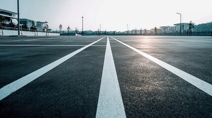 Urban asphalt roadway marked with white lines leading toward modern buildings in bright sunlight