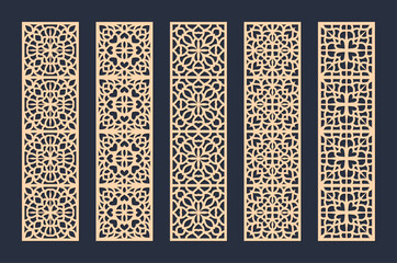Set of five decorative laser cut wood panel patterns with intricate geometric arabesque design vector