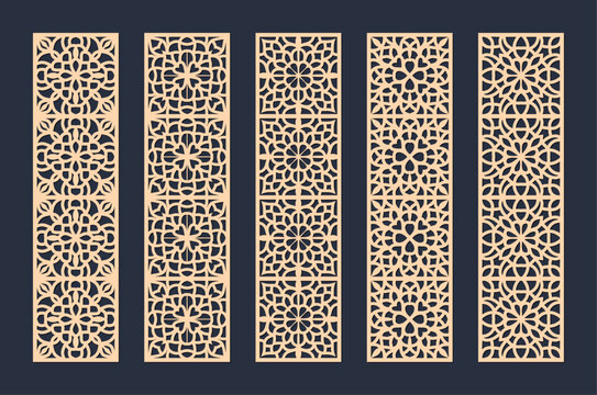 Set of five decorative laser cut wood panel patterns for screen or wall divider vector